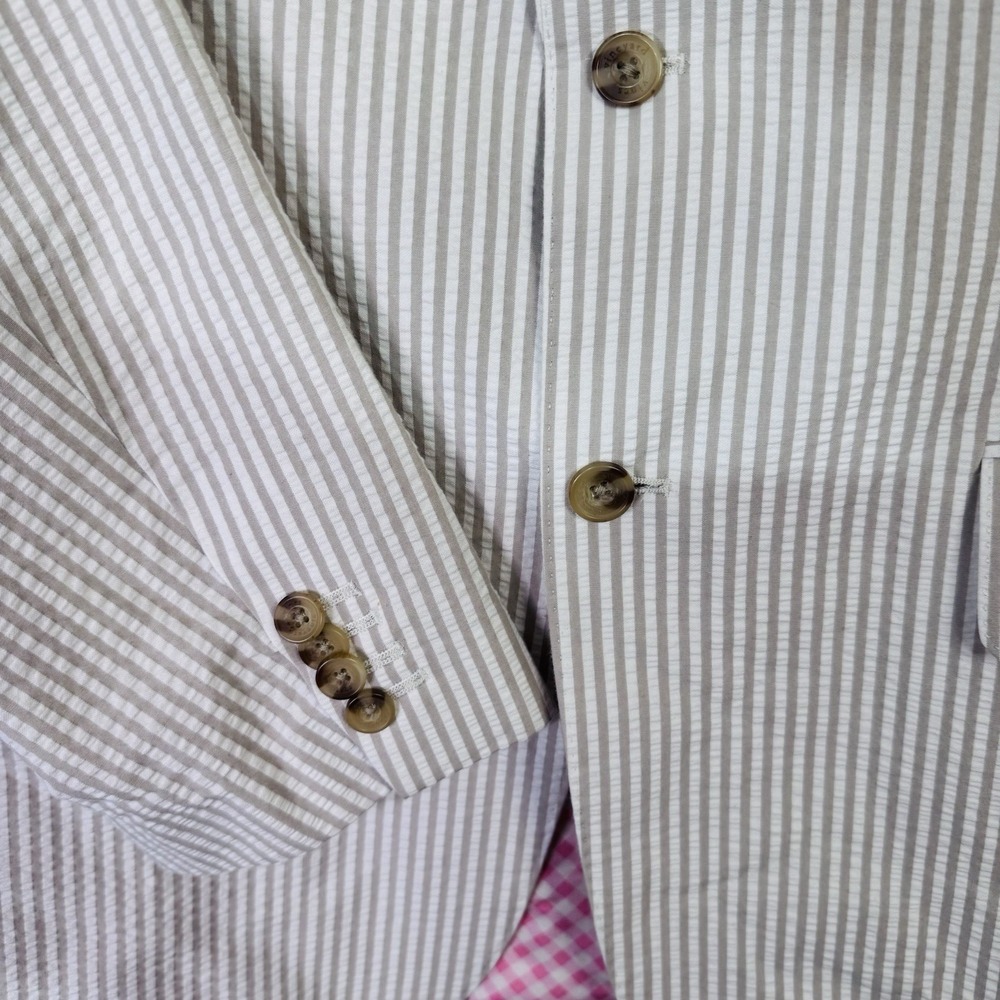 Vineyard Vines Seersucker Men Beige Cotton Blazer 44L Lining Pink Check Silk NWT - Picture 5 of 11